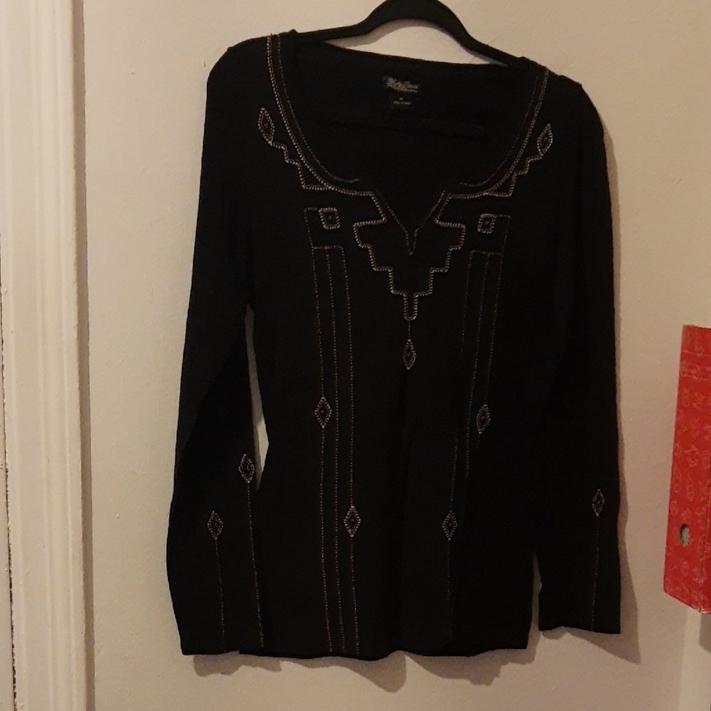 Lucky Brand Black Embellished Long Sleeve Top Size M